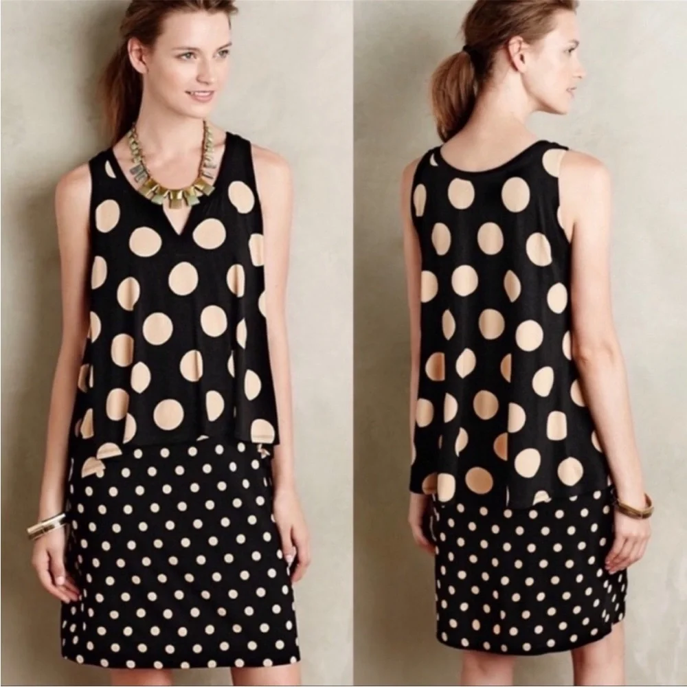 Anthropologie Maeve Dress Polka Dot Davina Black Tan Layered Sleeveless,XS, NWT - Picture 1 of 6